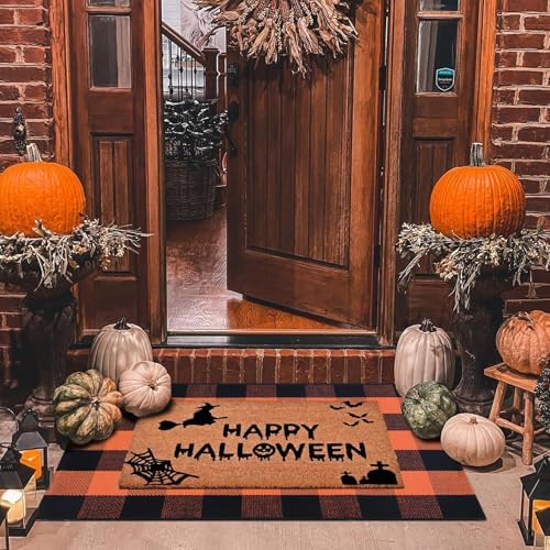 Halloween Decor Doormat Combo Set, 100% Coco Coir Welcome Mat + 3' x 5' Orange and Black Plaid Rug - Halloween Fall Front Porch Entryway Decor Floor Mat, Outdoors Autumn Mats Happy Halloween - Image 4