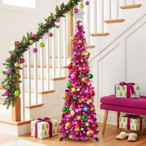 N&T NIETING Pop Up Christmas Tree with Lights & Ornaments, 5FT, Fuchsia - Image 2