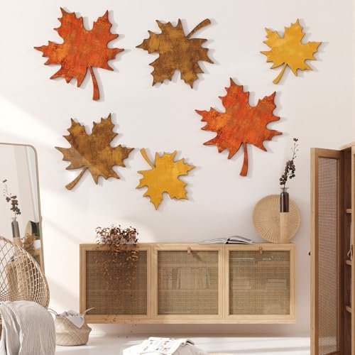 CroBlissful 6 Pcs Fall Maple Leaves Wall Decor Autumn Wooden Wall Art - Image 5