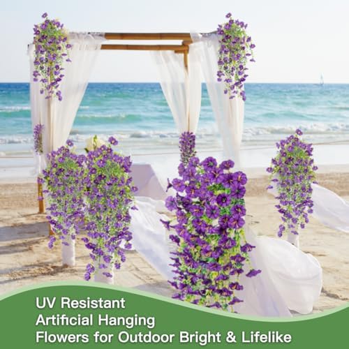Artificial Flowers for Outdoors Fake Morning Glory Hanging Flower Decoration, 4 Pcs Realistic Faux Plants Petunias Trailing Vines, Spring Summer Decor for Porch Patio Balcony Planter Yard(Purple) - Image 5
