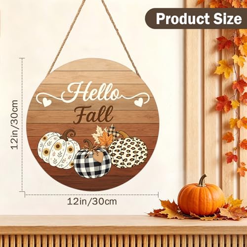 Harooni Hello Fall Pumpkin Sign Door Sign 12"x12" Autumn Thanksgiving Welcome Door Decorations Hanging Sign Farmhouse Plaid Pumpkin Round Wooden Sign for Home Front Door Wall Porch Yard Garden - Image 2