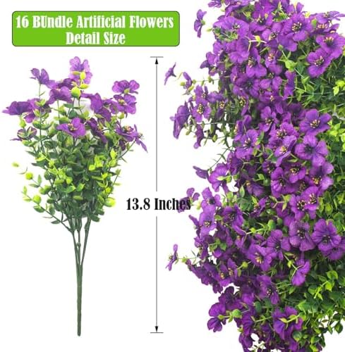 Grunyia Artificial Fake Flowers for Outdoor Spring Decoration, 16 Bundles Faux Silk Colorful Daisy UV Resistant Realistic for Outside Porch Patio Home Yard Garden Planters Pots Window Box (Purple) - Image 2