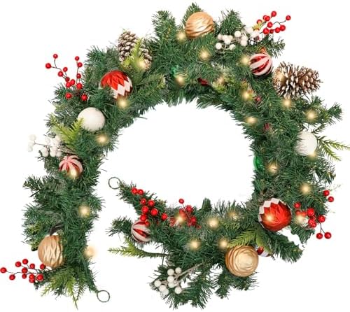 MUMTOP Christmas Garlands Decoration, 6 FT Battery Operated Christmas Garland with LED Light and Pine Cones Red Berries Candy Christmas Ball for Front Door Fireplace Mantel Table Window Home Decor by MUMTOP