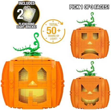 Brickcraft Brick O’-Lantern Building Kit, 233 Pieces | Halloween Pumpkin Decoration with 3 Interchangeable Faces & 2 Flickering Light Bricks | DIY Fall & Thanksgiving Jack-O’-Lantern Gift, Ages 8+ - Image 4