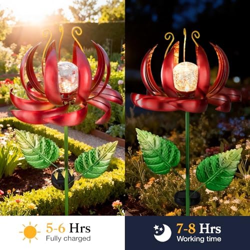 Solar Yard Lights Wind Spinners- Metal Lotus Flower Garden Decor LED Crackle Glass Globe Yard Art Sculpture Solar Stake Lights for Patio Pathway Lawn Walkway (Red-Large) - Image 6