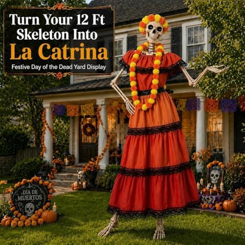 3 Pcs La Catrina Costume Set for 12 Ft Skeleton Day of the Dead Decor - Image 4