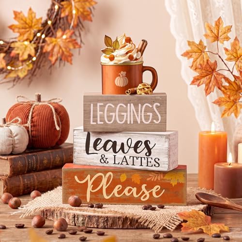 Lineshading 4 Pcs Fall Table Decor, Leaves Lattes Coffee Wooden Blocks Sign - Image 5