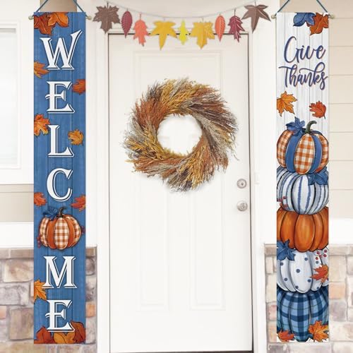 Deroro Welcome Fall Thanksgiving Pumpkin Porch Banner Sign, Blue Autumn - Image 6