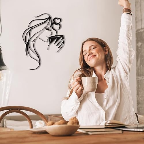 Coffee Metal Wall Art, 3D Woman Drinking Sculpture for Kitchen Decor, Black - Image 2