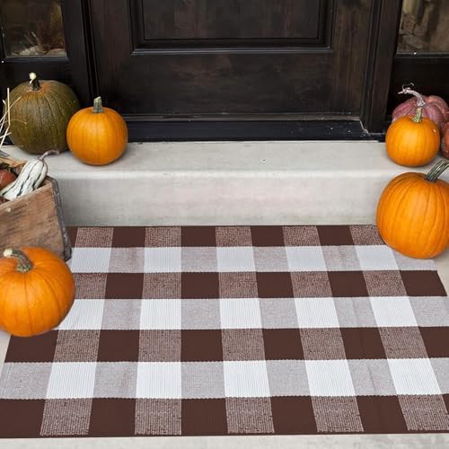 Buffalo Plaid Rug 28 x 43 Inches Fall Outdoor Front Door Decor Mat, Cotton Washable Hand-Woven Rug for Layered Doormat, Autumn Halloween Thanksgiving Carpet for Porch (Brown and White Plaid) - Image 3