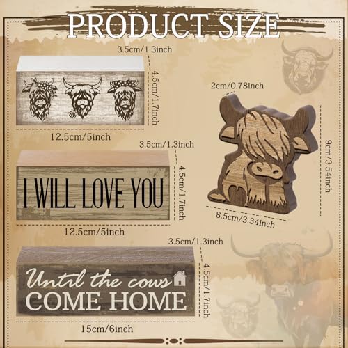 Moucuny 4 Pcs Highland Cow Table Decorations Cow Wooden Signs - Image 3