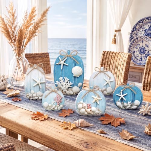 Leinuosen 6 Pcs Coastal Pumpkin Decor, Blue Fall Decorations for Home - Image 5