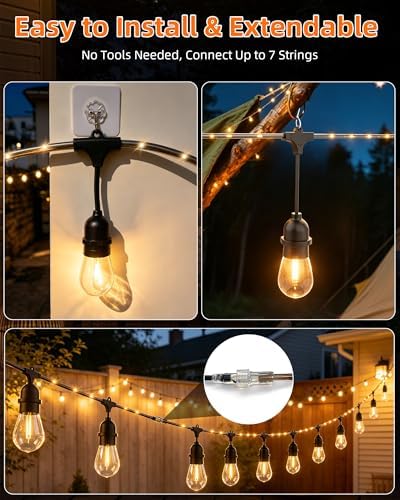 Outdoor String Lights With Lighted Tubing 24 ft, Commercial Grade String Lights with 13 (12+1spare) S14 Edison Bulbs & 72-LED Lighted Tubing, IP65 Waterproof Bistro Light for Patio, 2700K Warm White - Image 6
