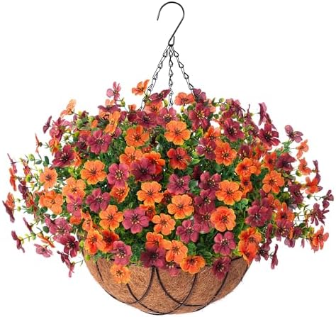 INXUGAO Artificial Silk Flowers Hanging Baskets for Outdoors Indoors, Daisy with Eucalyptus Leaves Arrangement for Garden Yard Decor, Faux Green Plant in Metal Coconut Lining Flowerpot(Orange Brown) by INXUGAOArtificialFlowers