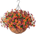INXUGAO Artificial Silk Flowers Hanging Baskets for Outdoors Indoors, Daisy with Eucalyptus Leaves Arrangement for Garden Yard Decor, Faux Green Plant in Metal Coconut Lining Flowerpot(Orange Brown) by INXUGAOArtificialFlowers