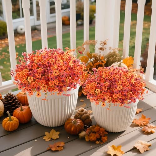 Hommyea Fall Artificial Fake Mums Flowers Plant for Outdoor Faux Home Decor - Image 2