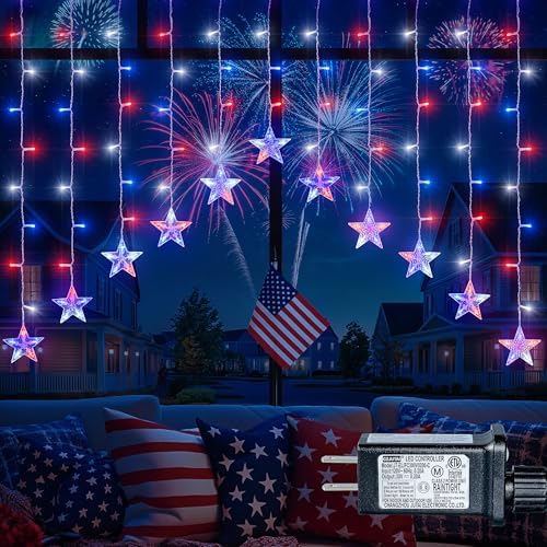YOUNGAR 4th of July Star Icicle Lights,118 LED Patriotic Curtain String by YOUNGAR