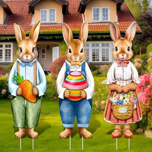 Umigy 3 Pcs Easter Yard Decor Elegant Easter Sign with Stakes 32 x 10 Inch Bunny Holding Carrots Eggs Baskets Lawn Decor Cute Yard Decoraitons for Home Pathway Walkway by Umigy