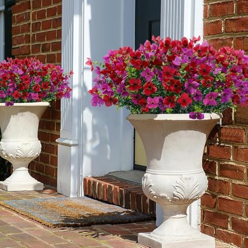 Artificial Faux Plants Flowers Outdoor Spring Summer Decoration, 12 Bundles Fake Silk Colorful Daisy Eucalyptus Realistic UV Resistant for Outside Home Planter Porch Patio Yard Decor (Red Purple) - Image 6
