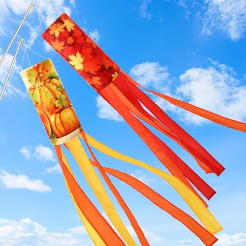 NOVWANG 2 Pieces 40 Inch Fall Windsocks，Pumpkin Maple Leaf Wind Socks for Outside Decor Hanging Flag for Home Garden Yard Wall Balcony Decoration by NOVWANG
