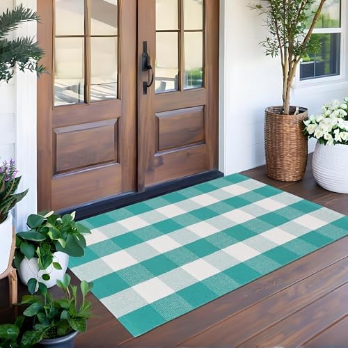 Spring Green & White Plaid Rug - 28 x 43 Inches Outdoor Front Door Decor Mat Cotton Washable Hand-Woven Rug Christmas New Year Holiday Porch Entryway Layered Doormat by Homydecor