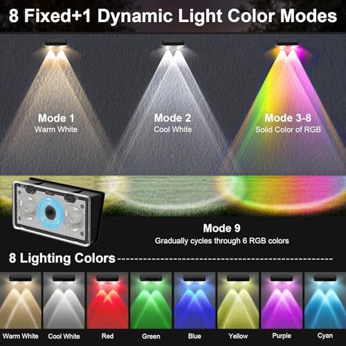 Solar Fence Lights Outdoor 8 Pack, Warm White & Cool White & 6 Colored+RGB Color Changing, High Brightness LED Spot Lens Deck Lights Dusk to Dawn for Backyard Stair Railing Patio Wall, IP65 Waterproof - Image 4