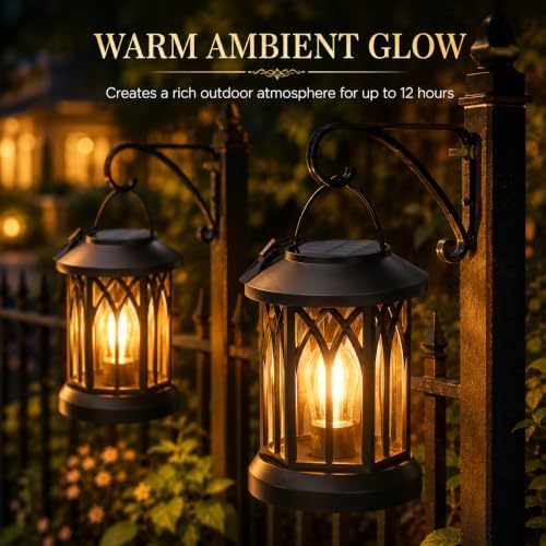Solar Lanterns Outdoor Waterproof 2 Pack, Hanging Solar Lights with 2700K Warm LED Light, IP65 Solar Powered Lanterns with Clip, Auto On/Off Outdoor Lanterns for Garden Patio Yard Porch Decor - Image 5