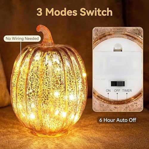 Fall Decorations for Home,Mercury Glass Pumpkin Lights with Timer(Rosegold) - Image 4