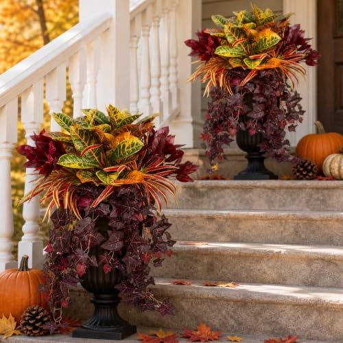 Fall Artificial Croton Plants Fake Greenery for Outdoor Porch Planters - Image 3