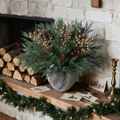 Faux Cedar Stems Artificial Norfolk Pine Branches for Christmas Decorations, 20 PCS Faux Pine Stems with Pinecones Gold Berries Branches Realistic Faux Greenery for Vases DIY Garland Xmas Table Indoor - Image 2