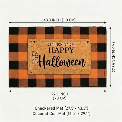 SEEKSEE Happy Halloween Decor Doormat Set, Thick Coco Coir Door Mat + Orange and Black Buffalo Plaid Rug, Outdoor Layered Mat for Front Door Non-Slip Backing Floor Mat for Porch - Image 2