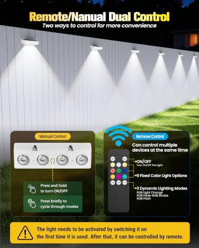 JOFIOS Fence Lights Solar Powered with Remote, 9 Fixed Colors ＆ Color Changing White Fence Lights Waterproof IP65 Dusk-to-Dawn LED Deck Lighting for Patio, Pool, Porch, Backyard, Wall, 12 Pack - Image 3