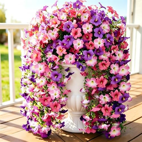 Artificial Hanging Flowers for Outdoors Spring Summer Decoration, 2 PCS Faux Silk Morning Glory Flowers UV Resistant Artificial Hanging Plants Realistic Long Vines for Garden Porch Patio (Pink) by DOUBFIVSY