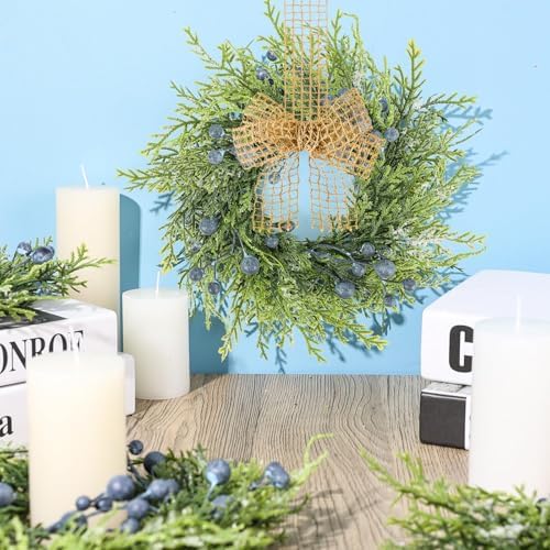 6 PCS Small Spring Summer Blue Berry Cabinet Wreath Artificial Mini Kitchen Wreaths Vintage Swags Wreath with Retro Burlap Ribbon for Farmhouse Rustic Home Front Door Window Pillar Wedding Chair Wall - Image 2