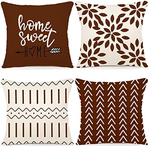YCOLL Pillow Covers 16x16 Set of 4, Modern Sofa Throw Pillow Cover, Decorative Outdoor Linen Fabric Pillow Case for Couch Bed Car, Coffee by PillowCoversExpert