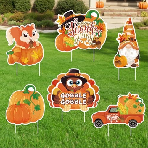 Thanksgiving Yard Signs with Stakes, 6-Pack Thanksgiving Decorations Outdoor Turkey Yard Signs, Fall Outdoor Decorations, Squirrel, Turkey, Gnome, Pumpkin, bumper harvest Car, Lawn Signs for Outside by PremiumYardSignsJoyfulPartyEssentialsForEverysingleHome