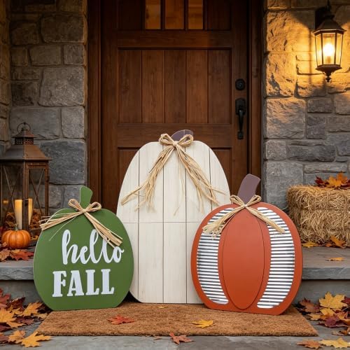 DECSPAS Fall Decorations for Home & Outdoor, 24" White Pumpkin Wood Porch Standing Decor - 3 Pack Red, White, Green Pumpkins for Front Door, Garden, Patio, Thanksgiving - Image 5