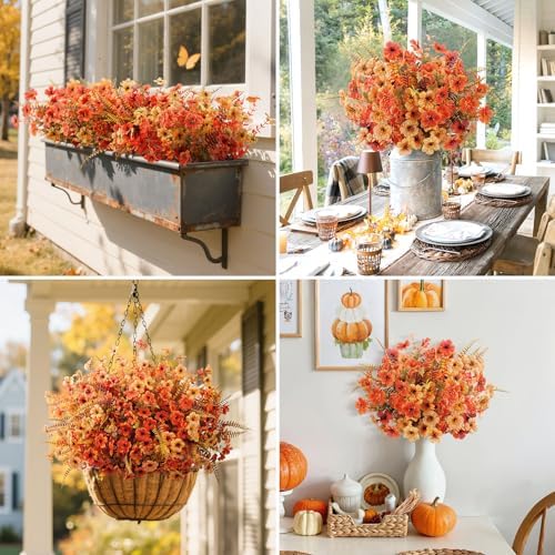 20 Pcs Artificial Fall Flowers for Outdoors Fake Mums, Mixed Orange - Image 4