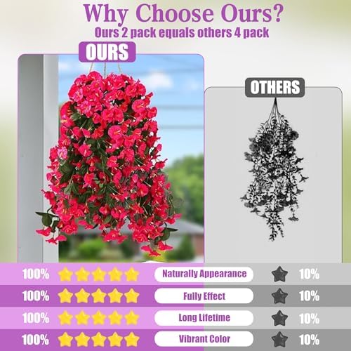 Sggvecsy Artificial Fake Hanging Flowers Plants for Outdoor Outside Spring Summer Decoration 4PCS Faux Silk UV Resistant Realistic Morning Glory Trailing Vines for Home Porch Patio Balcony(Rose red) - Image 4