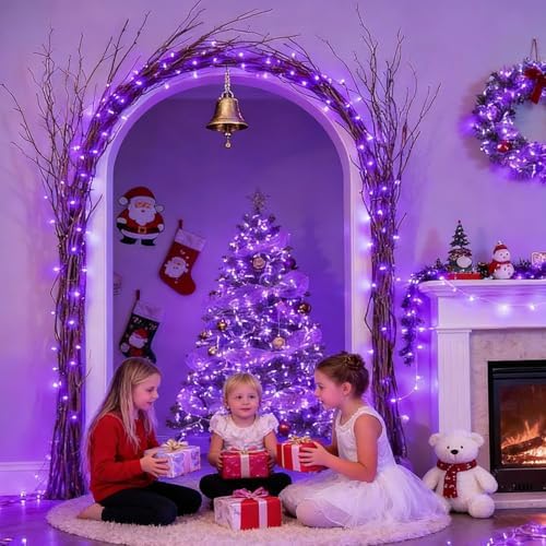 LAMPHOME Halloween Lights, 99ft 300LED Light Purple String Lights, Clear Wire 16 Modes LED Waterproof Indoor Outdoor Purple Christmas Lights Plug in, Halloween Bedroom Garden Party Decor - Image 6