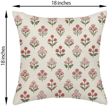 Preppy Pink Green Pillow Covers 18x18 Inch 2 Pcs Block Print Vintage Floral Decor Throw Pillows Boho Flower Spring Summer Outdoor Seasonal Decoration Pillowcase Linen Cushion Cover for Couch - Image 6
