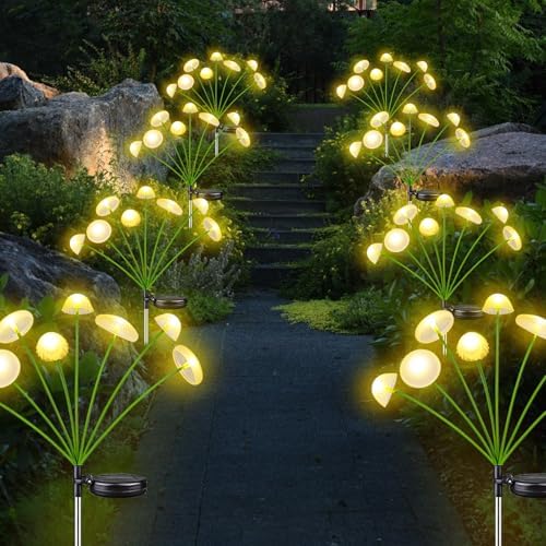 2PK 16LED Solar Garden Lights Outdoor, Mushroom Solar Lights Outdoor, IP65 Waterproof Firefly Light Outside Decor for Patio Pathway, Sway by Wind for Pathway Garden Mushroom Decorations, Warm White - Image 6