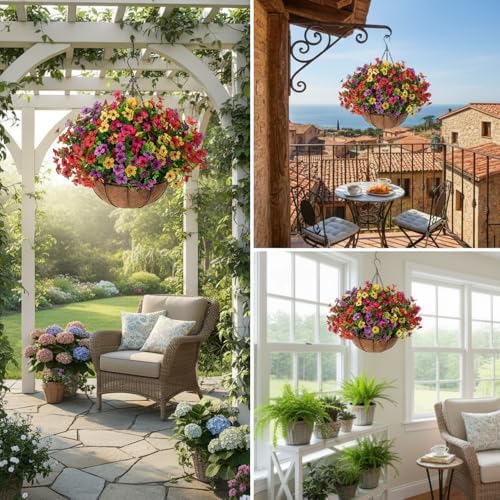 Jasion 2 Set Artificial Outdoor Flowers Hanging Basket Mix Color - Image 4