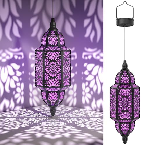 Twinkya Hanging Solar Lights Outdoor Garden Decorative Solar Lantern Waterproof Metal Moroccan Outdoor Decorations for Patio Pathway Yard Porch Backyard Garden Decor (Purple, 1 Pack) by twinkya