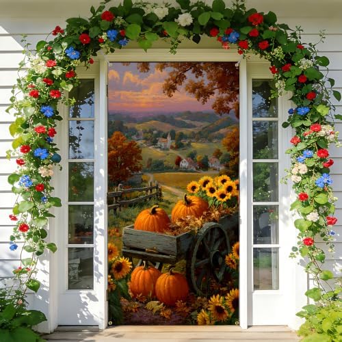NYZE Fall Pumpkin Door Cover, Autumn Sunflower Cart Harvest Door Banner, Farmhouse Pumpkin Sunflower Door Cover for Indoor Outdoor Porch - Image 7