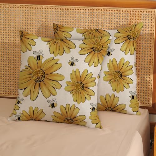 Summer Pillow Covers 18x18 Inch Set of 2 Yellow Floral Bee Sunflowers Throw Pillows Spring Outdoor Decorative Pillow Cases Linen Farmhouse Seasonal Cushion Covers Decor for Living Room Couch - Image 3