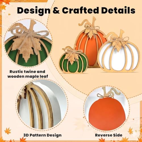 OLANRUN Fall Decorations for Home, 3-Piece Farmhouse Wooden Pumpkin Fall Decor, Handmade Crafts, Autumn Thanksgiving Decorations for Table, Tiered Tray, Mantel, Shelf, Office (4-8 Inch) - Image 3