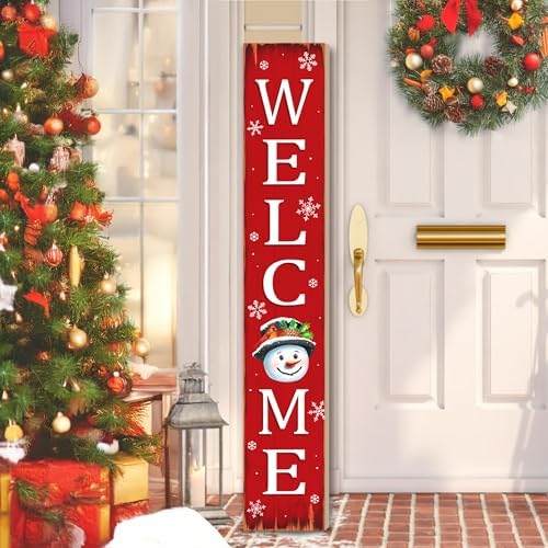 Christmas Snowman Wooden Porch Sign 47" Winter Vintage Large Welcome Porch Sign for Home Front Door Yard Party Decor (Red) by KORVITA
