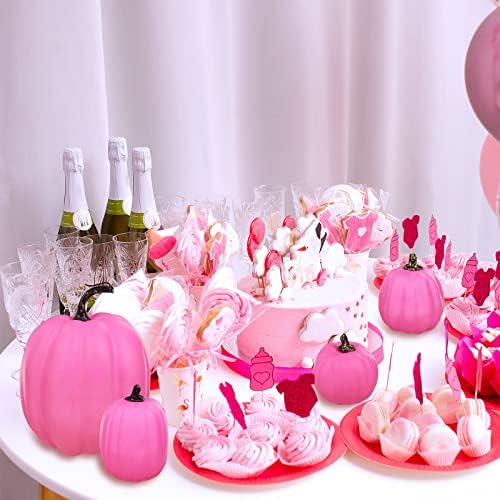 7 Pcs Assorted Sizes Hot Pink Artificial Pumpkins Fall Decorative Pumpkins Deep Pink Foam Pumpkins for Gifts Fall Halloween Thanksgiving Wedding Baby Shower Farmhouse Table Centerpiece Mantel Decor - Image 4