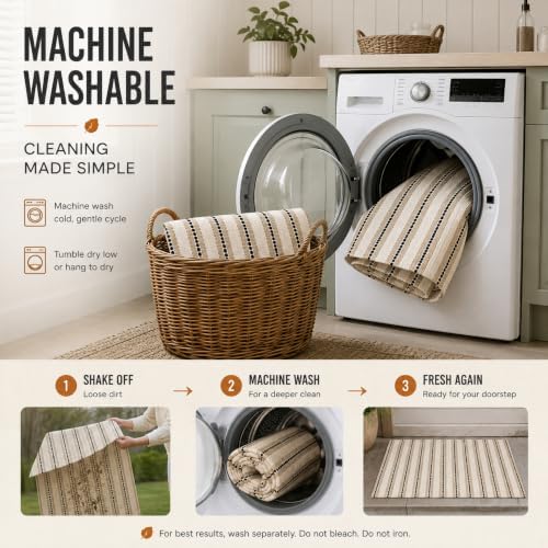 Moucuny 2' X 3' Khaki Black White Fall Vertical Stripe Outdoor Rug - Image 4